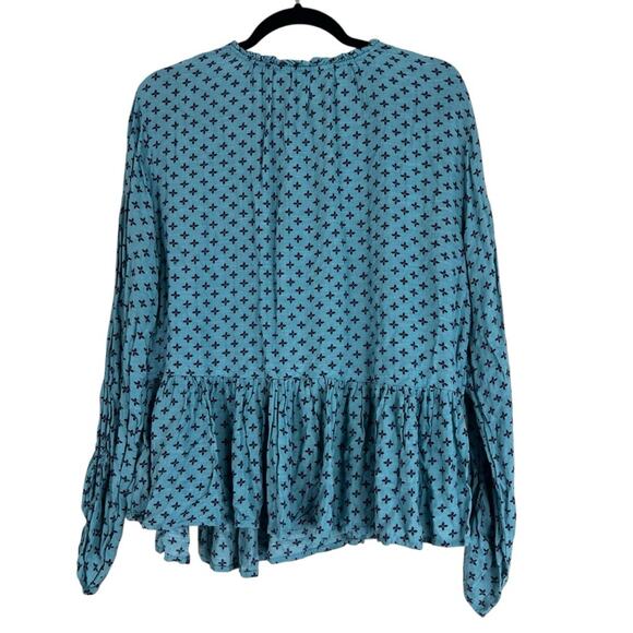 Time & True Tie Neck Peasant Blouse Womens L Blue Printed Cottagecore Prairie - Picture 5 of 7
